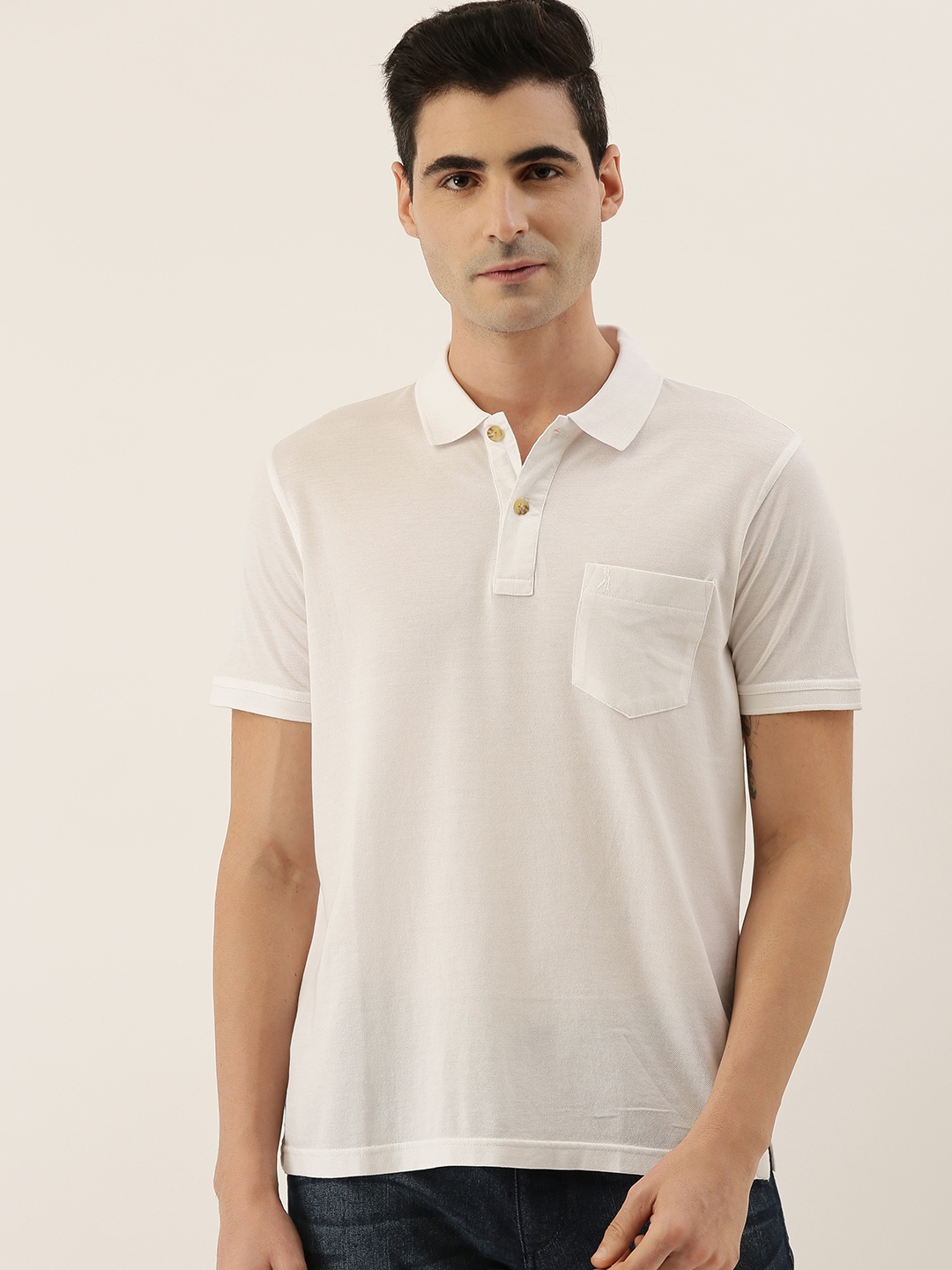 

Burnt Umber Men White Solid Polo Collar Pure Cotton T-shirt