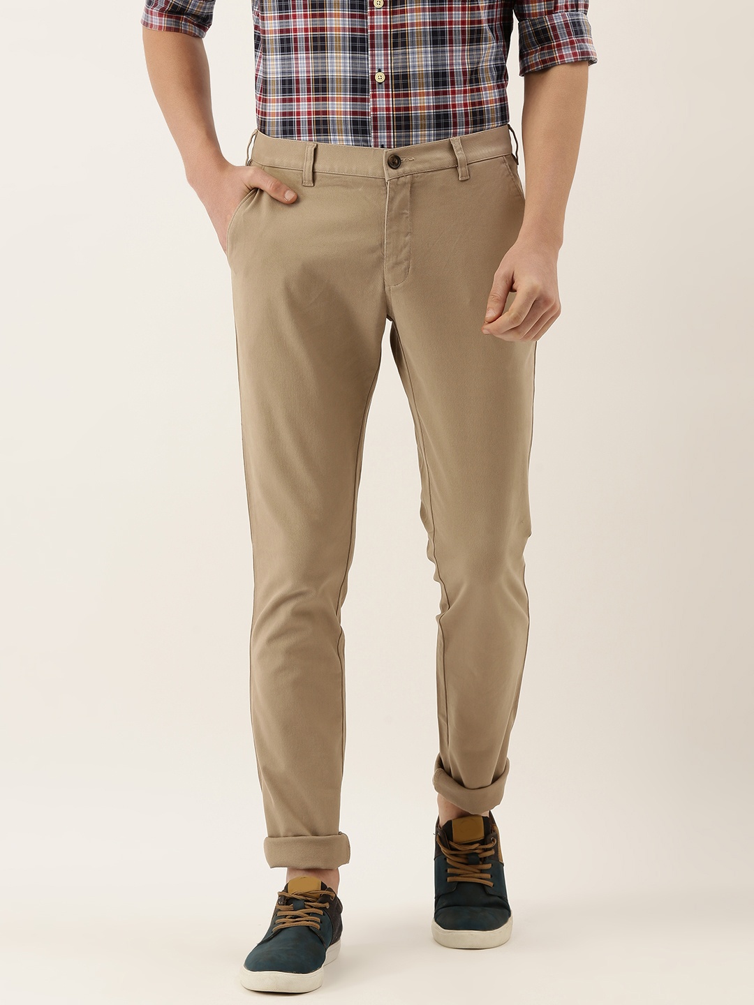 

Burnt Umber Men Beige Slim Fit Solid Regular Trousers