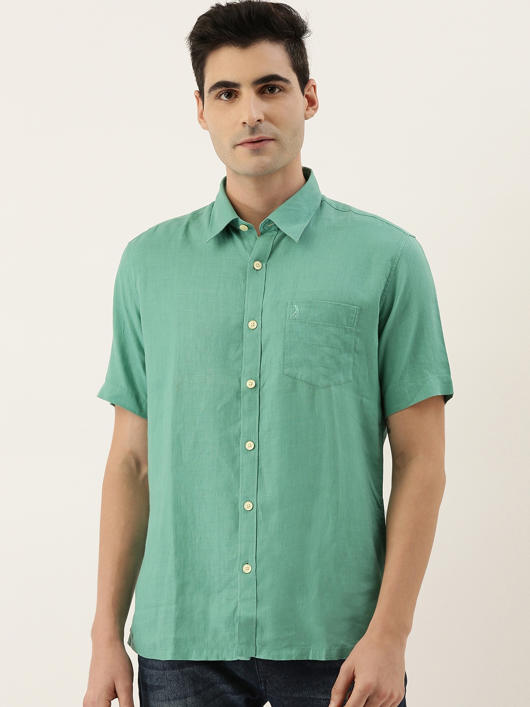 

Burnt Umber Men Green Comfort Slim Fit Linen Solid Casual Shirt