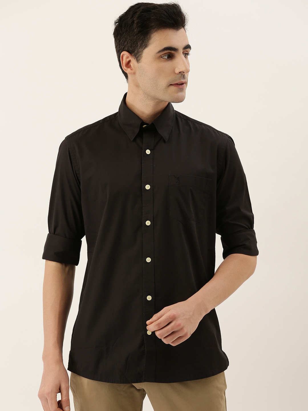 

Burnt Umber Men Black Comfort Regular Fit Solid Casual Shirt