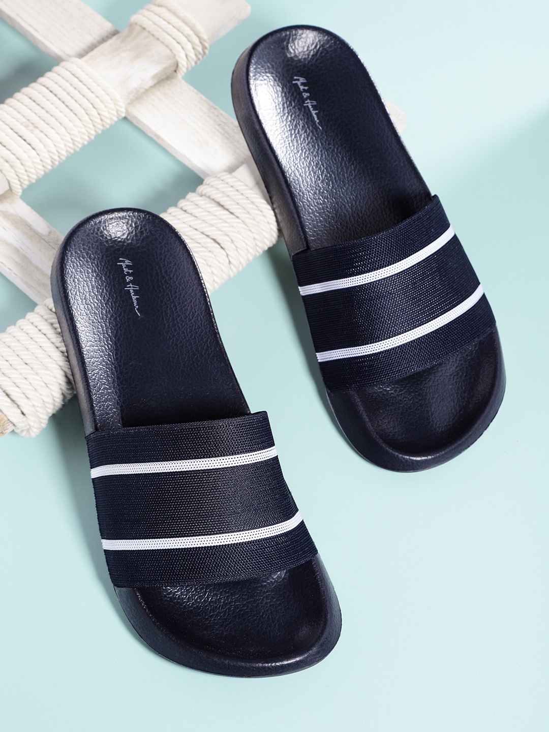

Mast & Harbour Men Navy Blue & Grey Striped Sliders