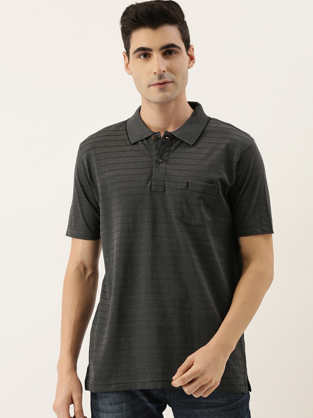 

Burnt Umber Men Charcoal Grey Striped Polo Collar Pure Cotton T-shirt
