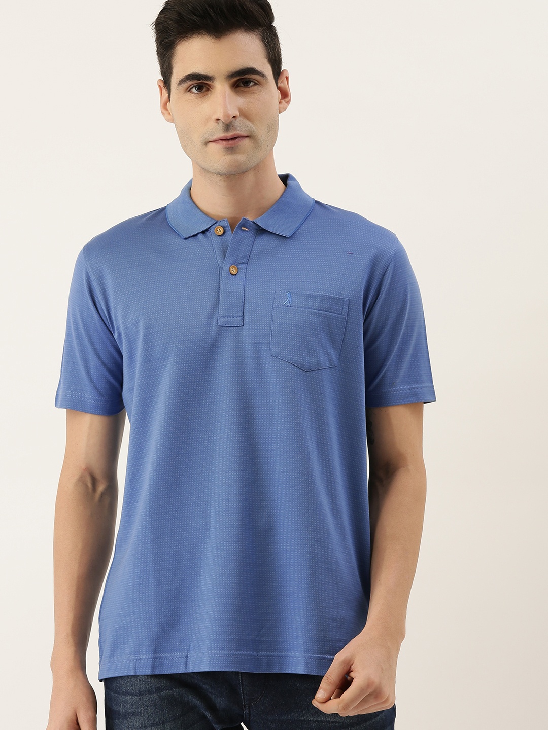

Burnt Umber Men Blue Solid Polo Collar Pure Cotton T-shirt