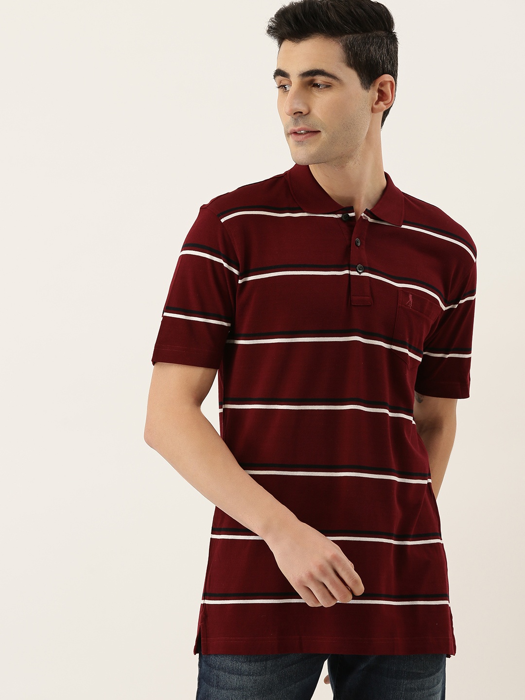 

Burnt Umber Men Burgundy White Striped Polo Collar Pure Cotton T-shirt