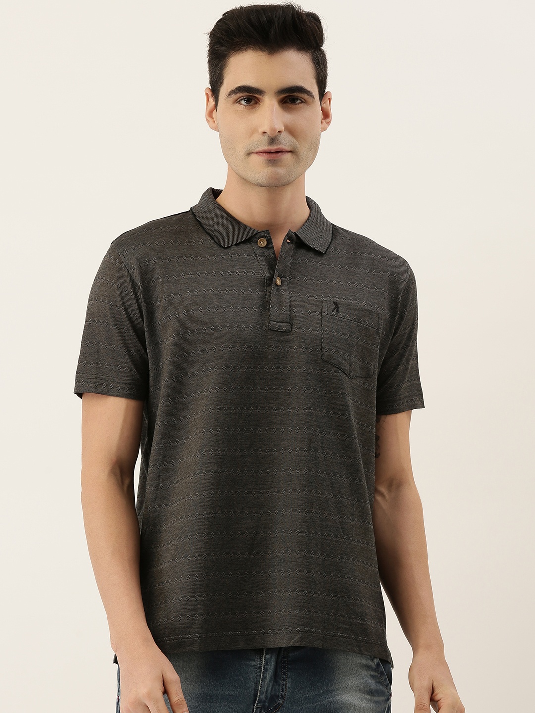 

Burnt Umber Men Charcoal Grey Self Design Polo Collar Pure Cotton T-shirt