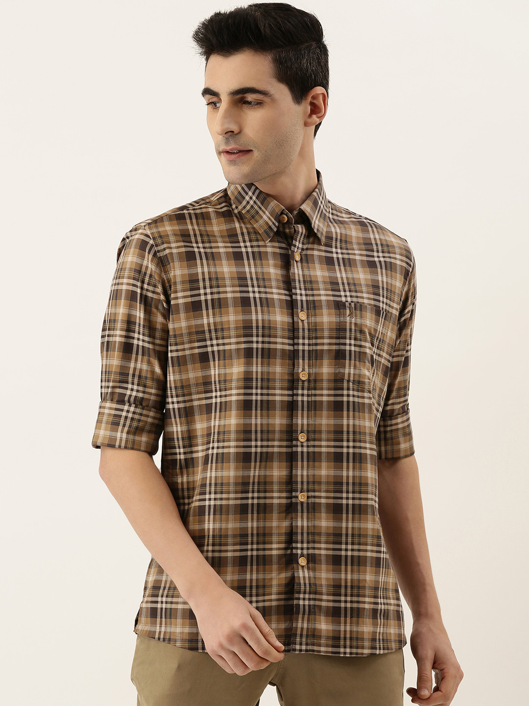 

Burnt Umber Men Beige & Brown Comfort Slim Fit Checked Casual Shirt