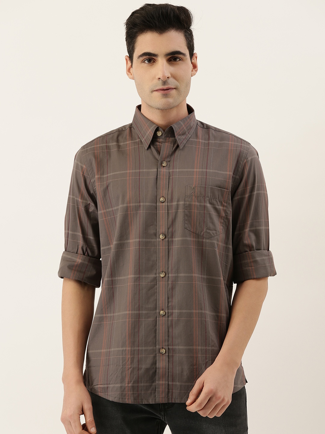 

Burnt Umber Men Grey & Pink Slim Fit Checked Casual Shirt