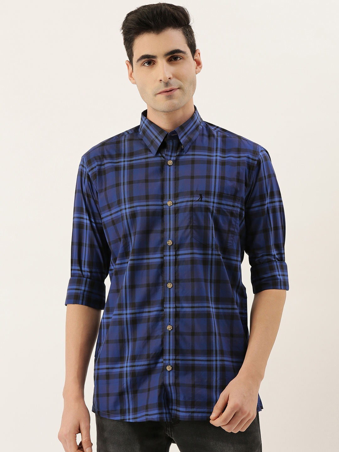

Burnt Umber Men Navy Blue & Black Comfort Regular Fit Checked Linen Shirt