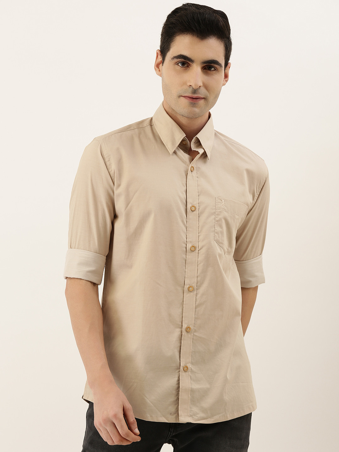 

Burnt Umber Men Beige Comfort Regular Fit Solid Casual Shirt