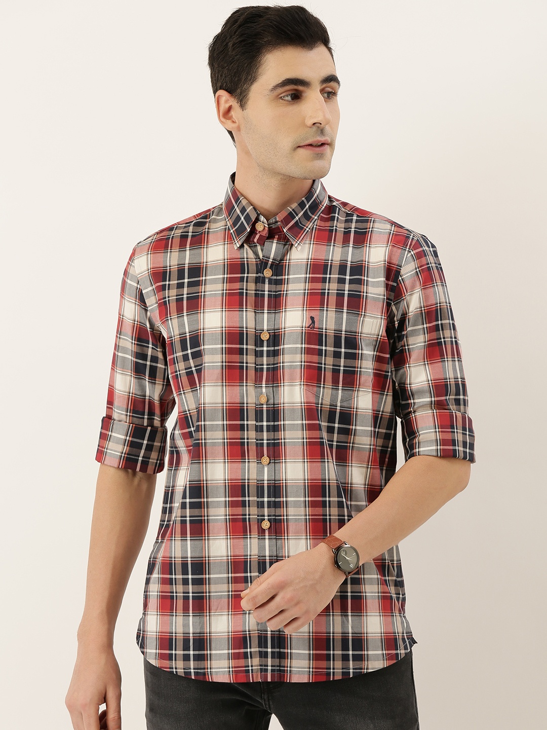 

Burnt Umber Men Maroon & White Comfort Slim Fit Checked Casual Shirt