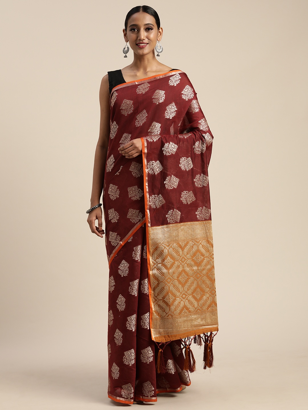 

Pisara Maroon & Gold-Toned Silk Cotton Woven Design Chanderi Saree