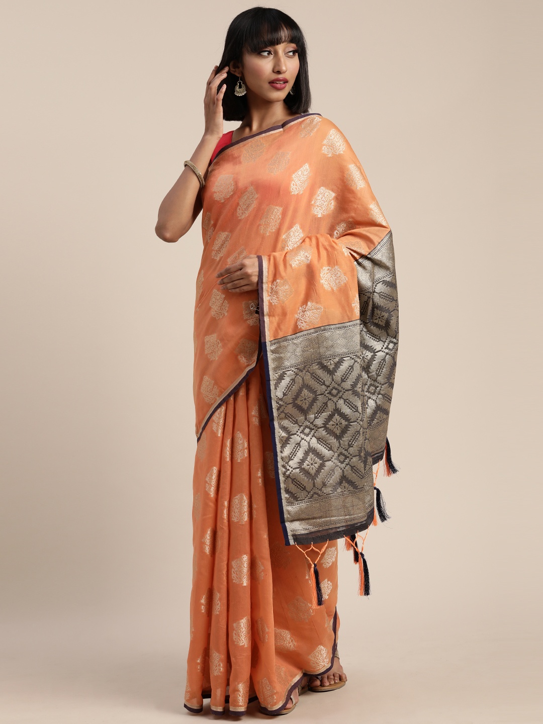 

Pisara Orange & Golden Silk Cotton Woven Design Chanderi Saree