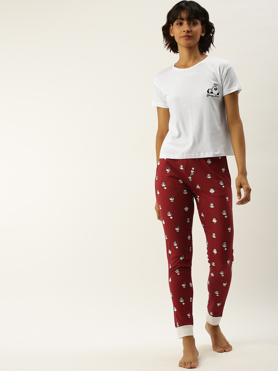 

Slumber Jill Women White & Maroon Printed Night suit