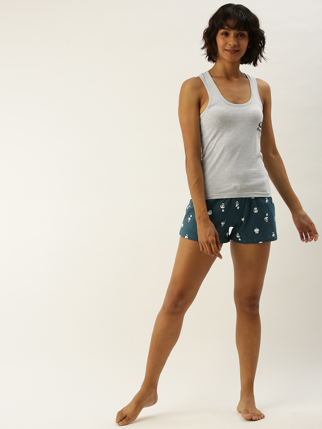 

Slumber Jill Women Grey Melange & Teal Blue Printed Night suit
