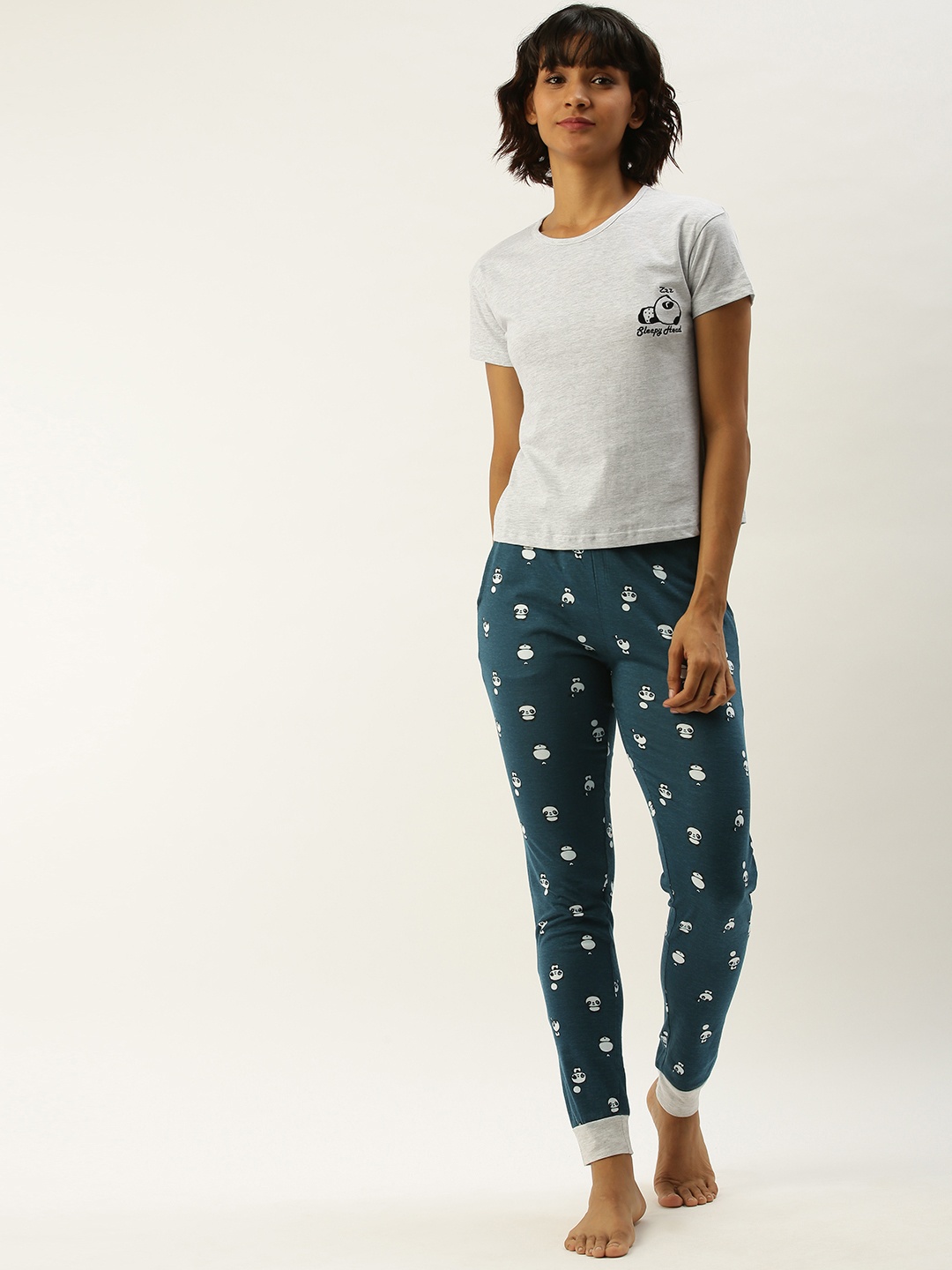 

Slumber Jill Women Grey Melange & Teal Blue Printed Night suit