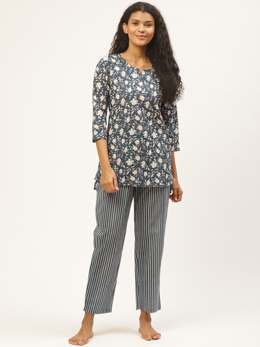 

Prakrti Women Navy Blue & White Floral Printed Cotton Sustainable Night Suit Set