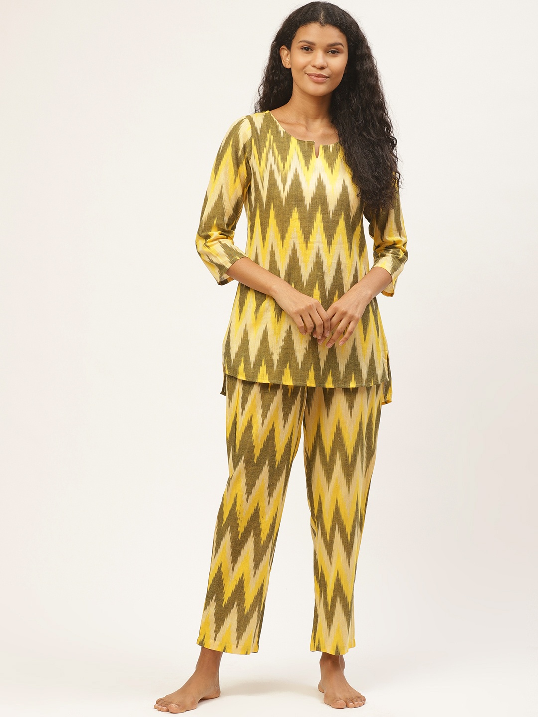

Prakrti Women Yellow & Olive Green Pochampally Ikat Printed Sustainable Night Suit