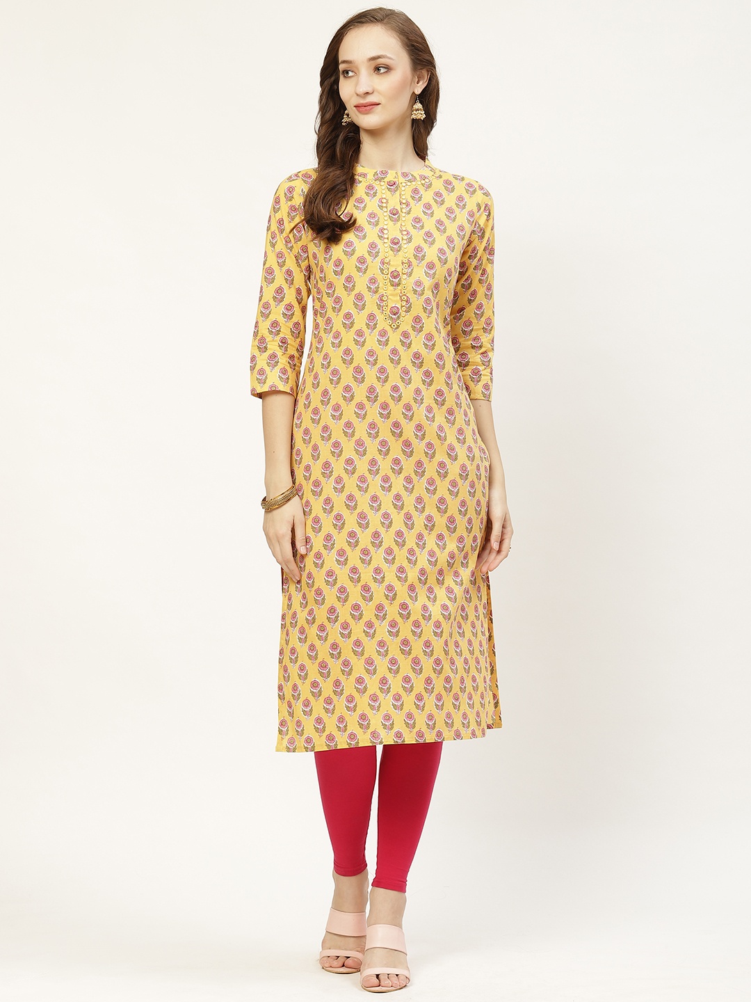 

Prakrti Women Yellow & Pink Printed Straight Kurta