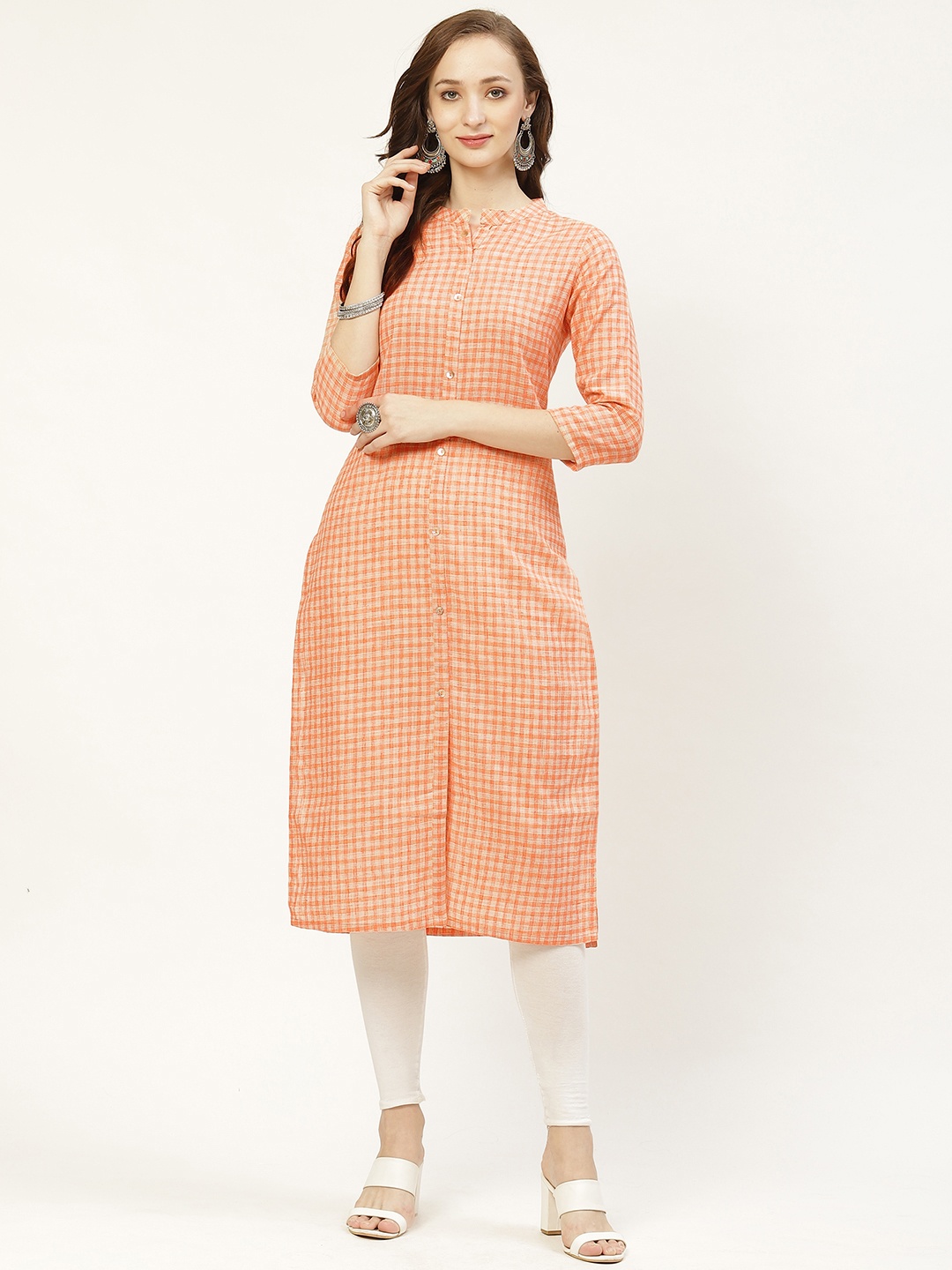 

Prakrti Women Peach-Coloured & Off-White Checked Straight Sustainable Kurta