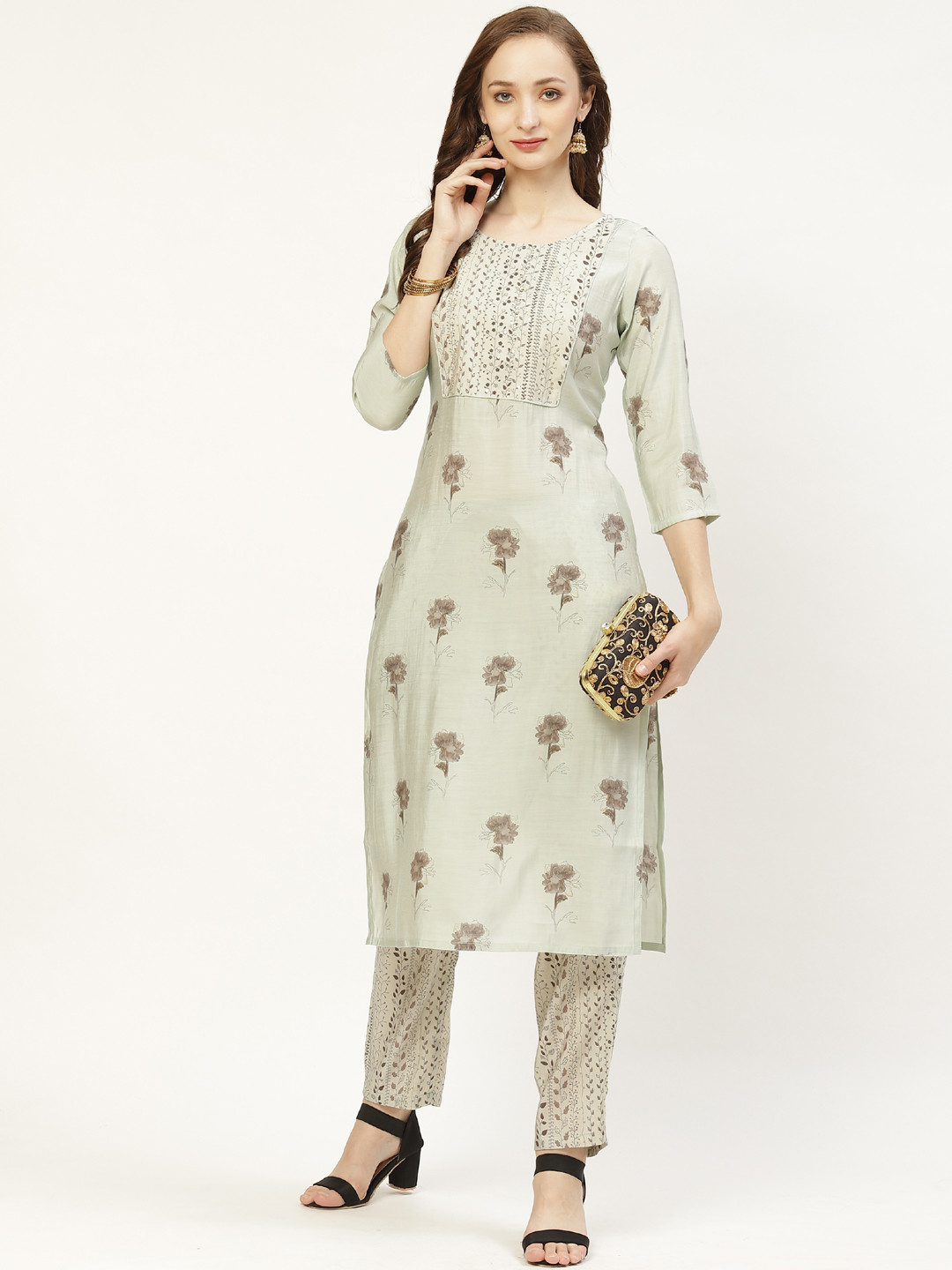 

Prakrti Women Sea Green & Beige Foil Print Kurta with Trousers