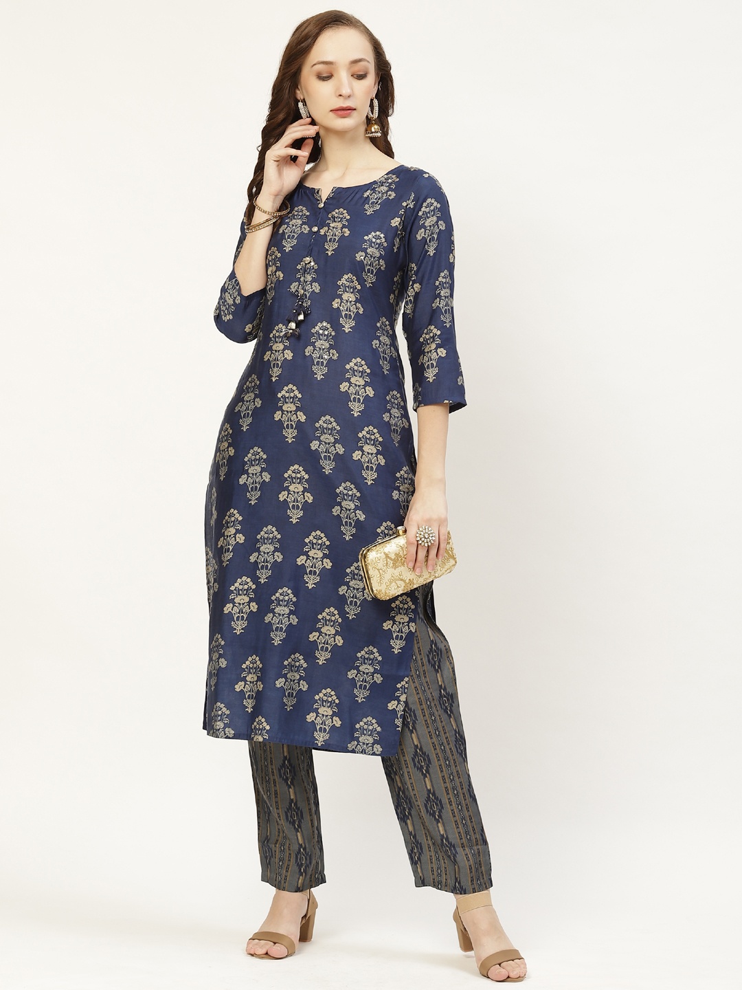 

Prakrti Women Navy Blue & Grey Digital Foil Print Kurta with Trousers