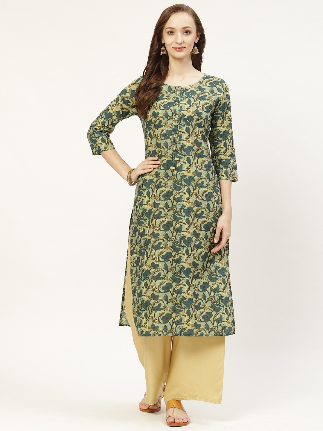 

Prakrti Women Teal Green & Beige Printed Straight Sustainable Kurta