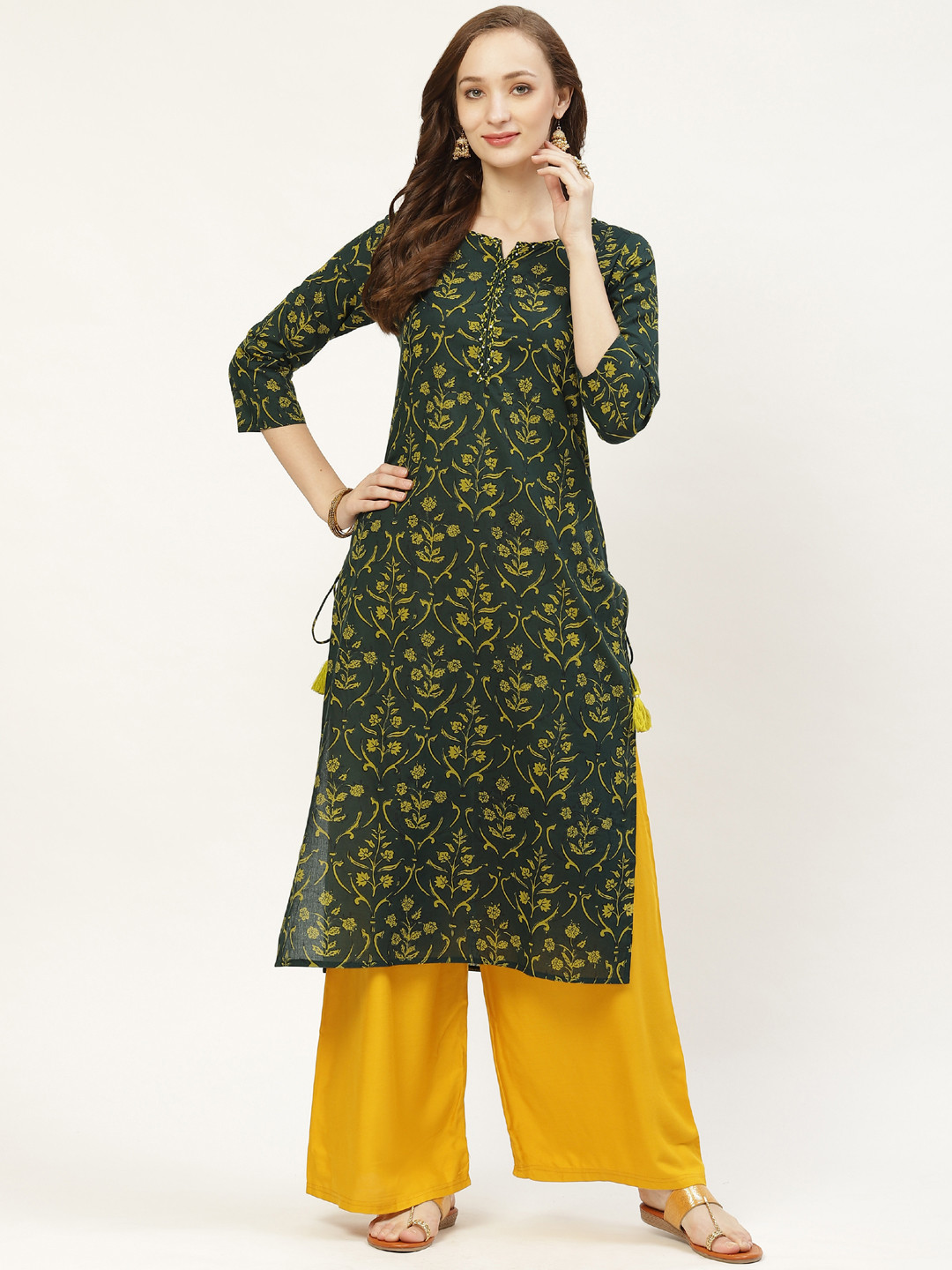

Prakrti Women Green & Yellow Printed Straight Kurta
