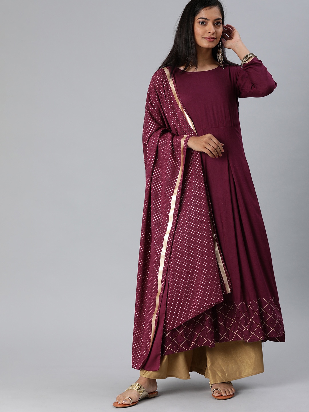 

KALINI Women Burgundy & Gold-Toned Solid Kurta with Palazzos & Dupatta
