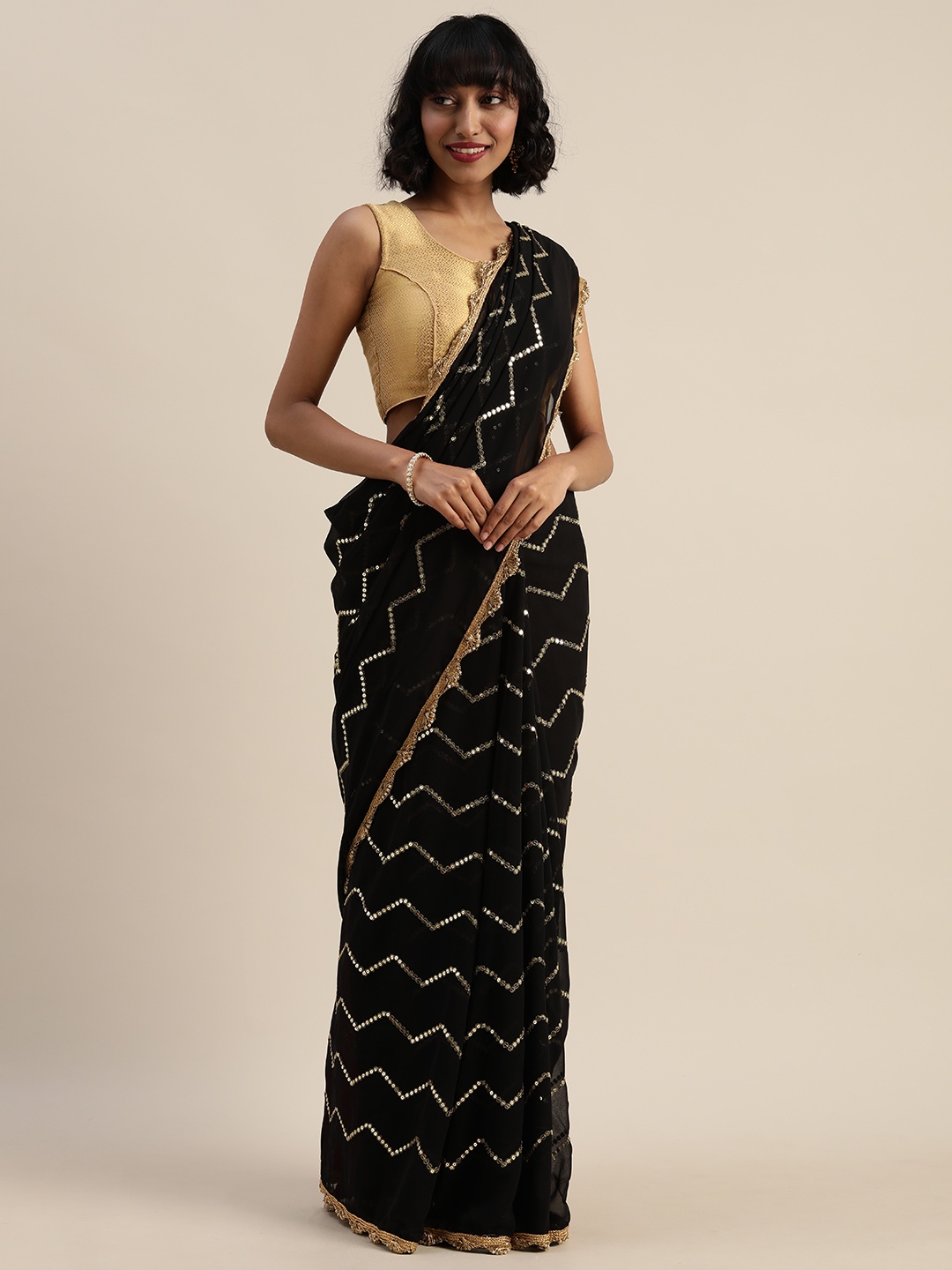 

Sugathari Black & Gold-Toned Poly Georgette Embellished Saree