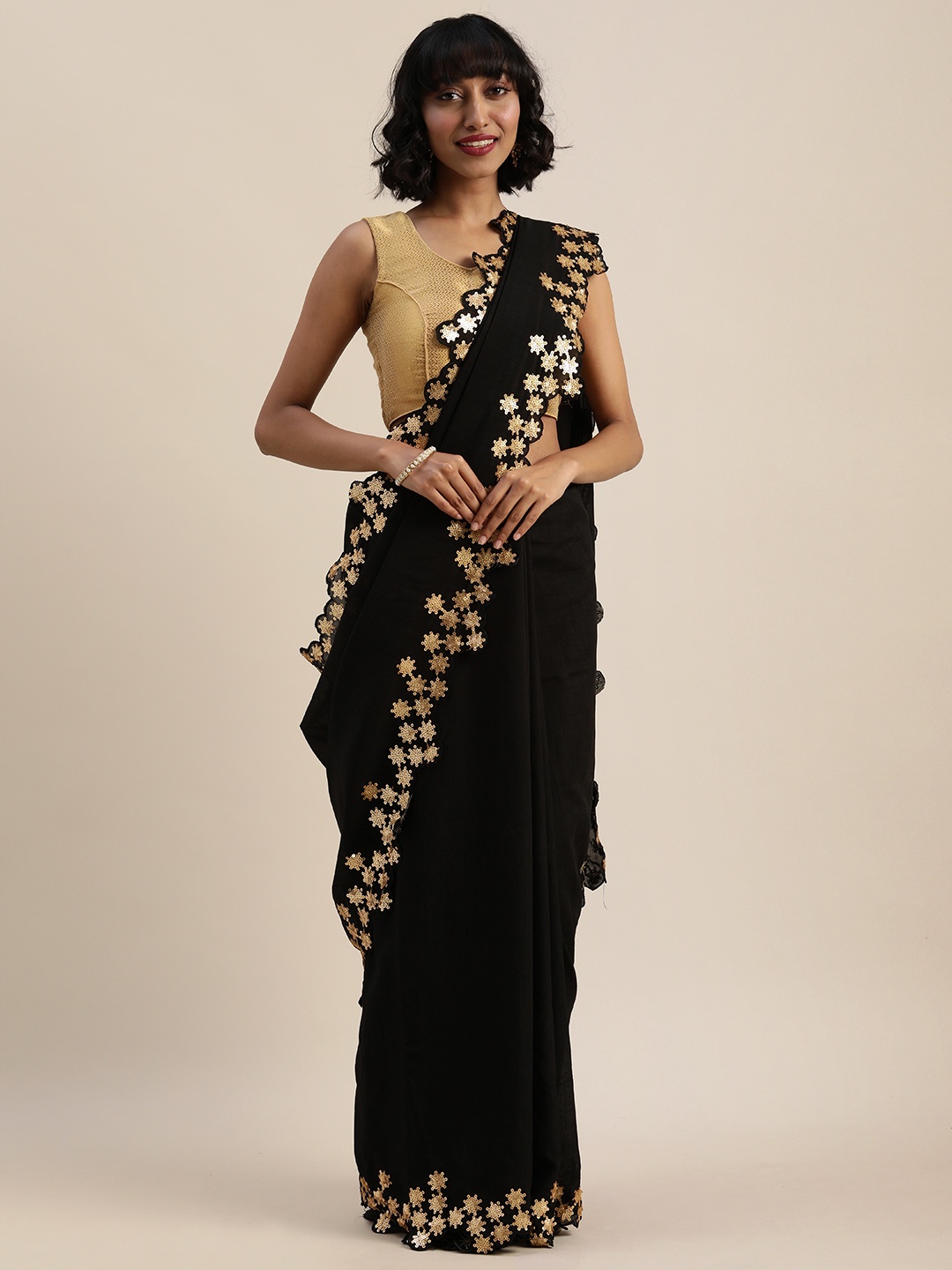 

Sugathari Black Solid Poly Silk Saree with Sequins