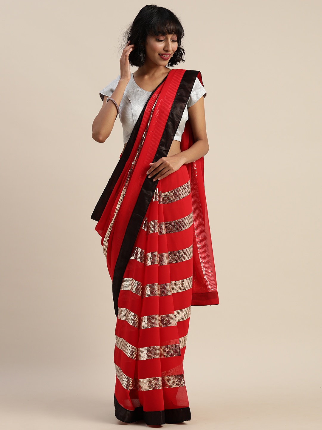 

Sugathari Red Striped Saree
