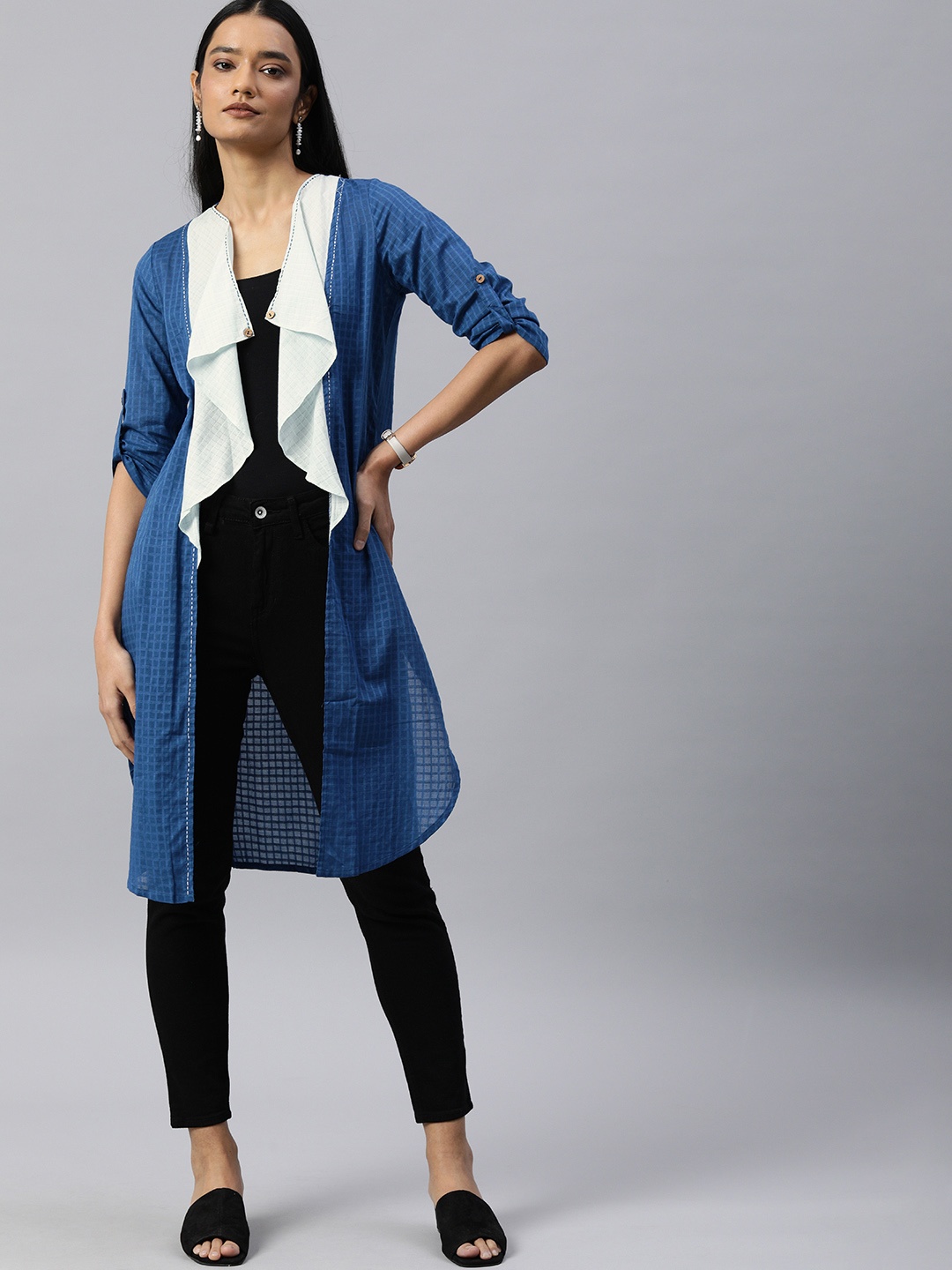 

Global Desi Women Blue Checked Open Front Pure Cotton Shrug