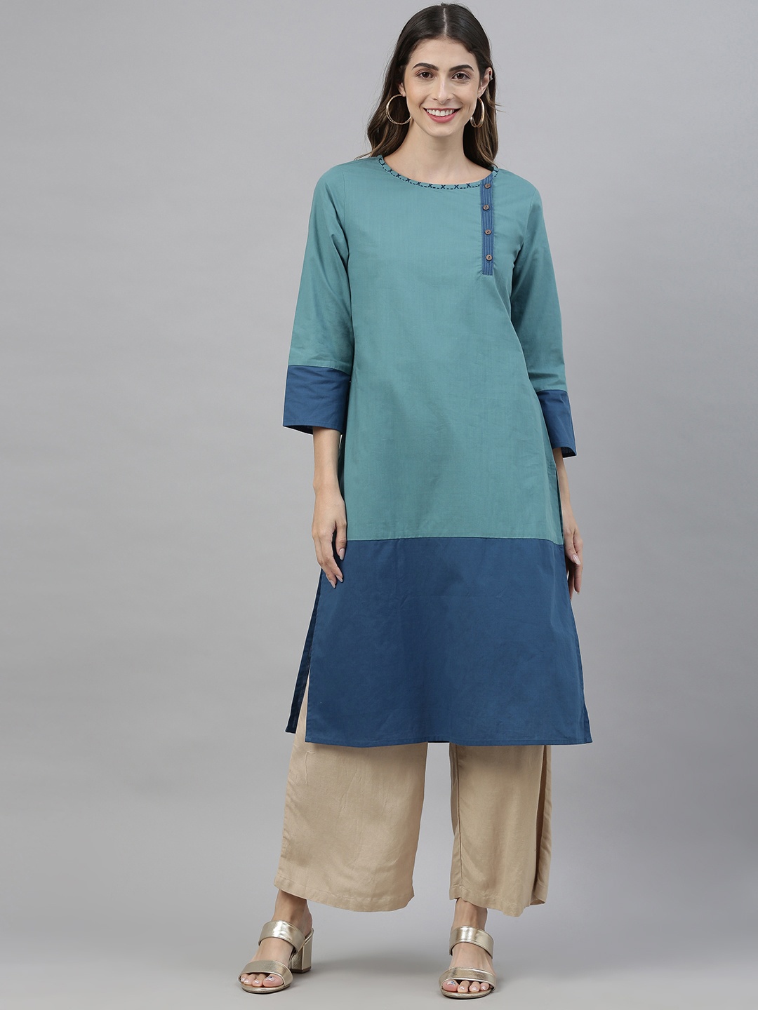 

Global Desi Women Blue Colourblocked Straight Kurta with Button Placket Detailing