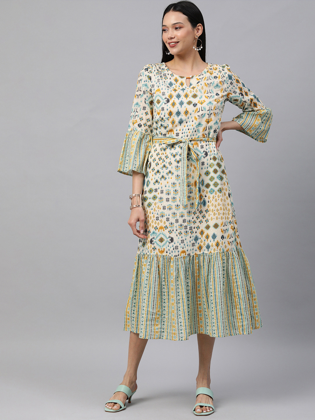 

Global Desi Women Green Printed Fit and Flare Dress