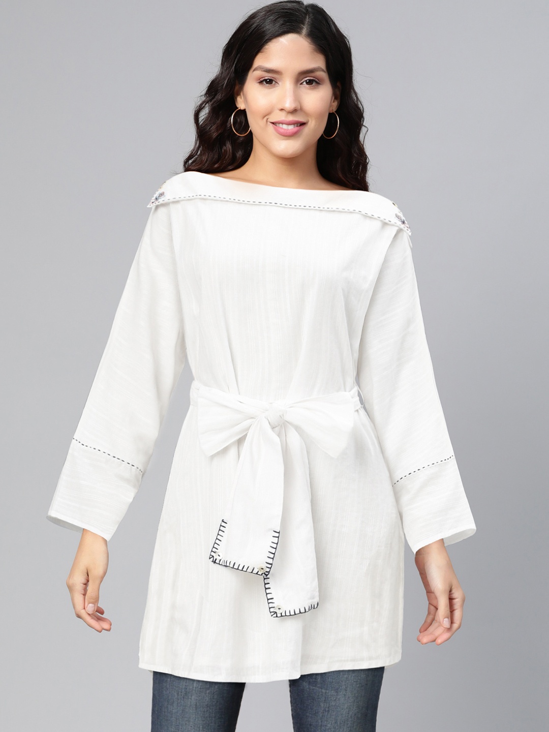 

Global Desi Women White Self Striped Tunic With Tie-Detailing