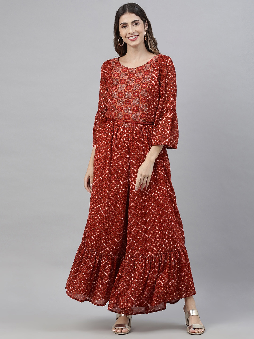 

Global Desi Women Rust Red & White Printed Basic Jumpsuit