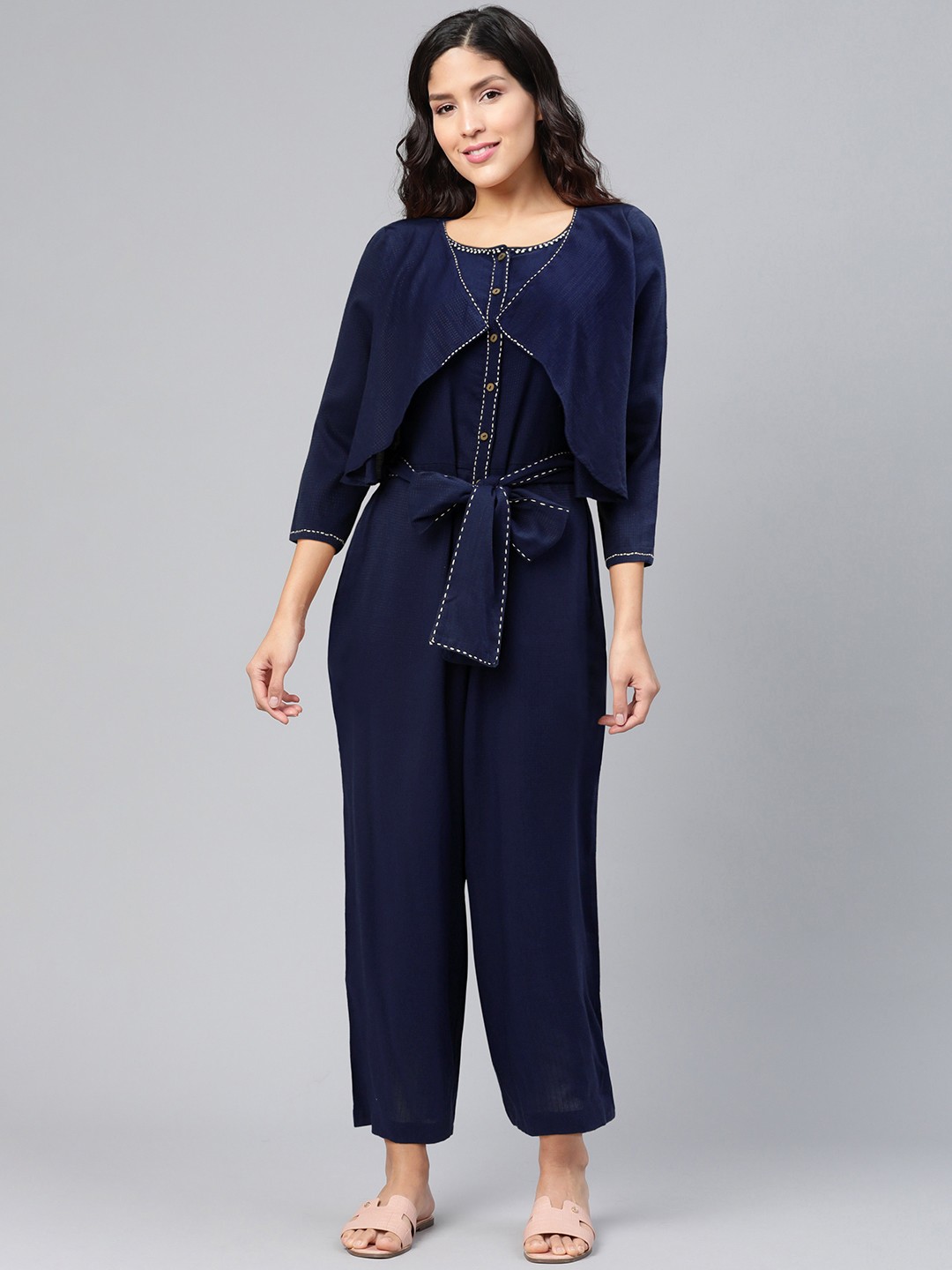 

Global Desi Women Navy Blue Self Design Basic Jumpsuit