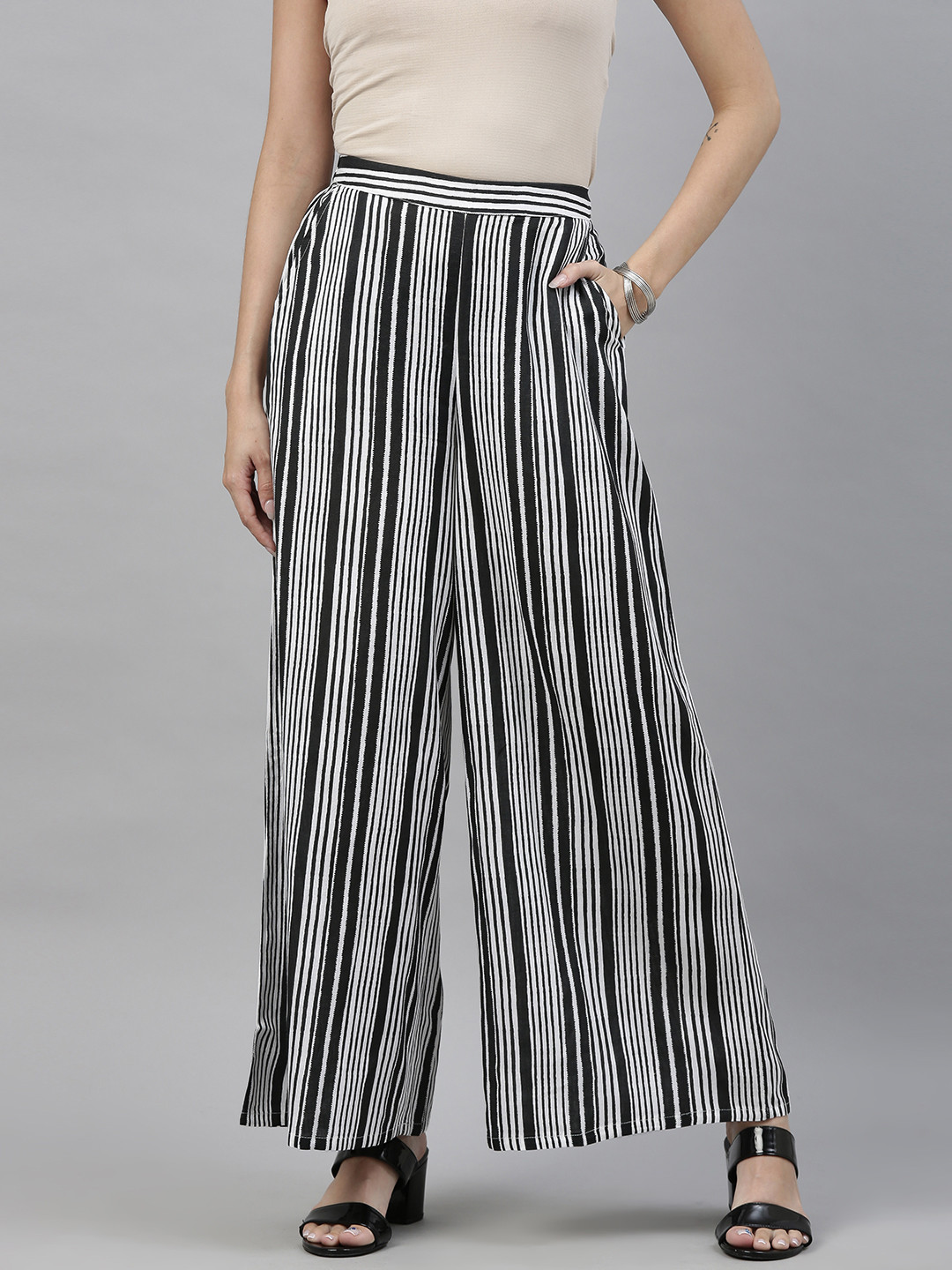 

Global Desi Women Black & White Regular Fit Striped Trousers
