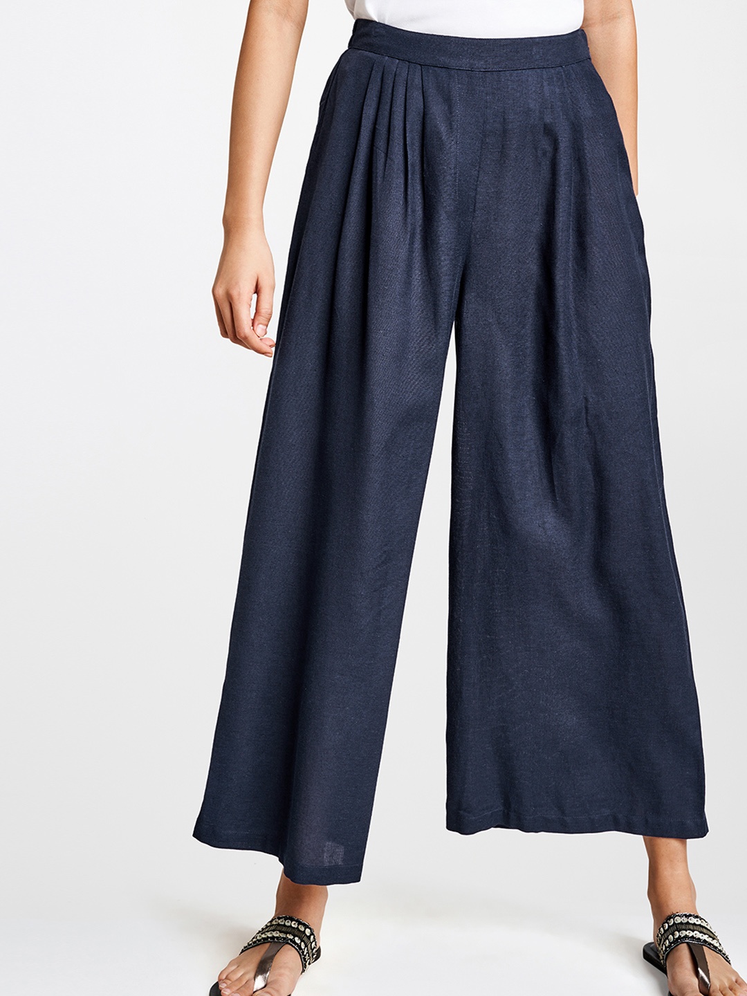 

Global Desi Women Navy Blue Solid Mid-Rise Parallel Trousers