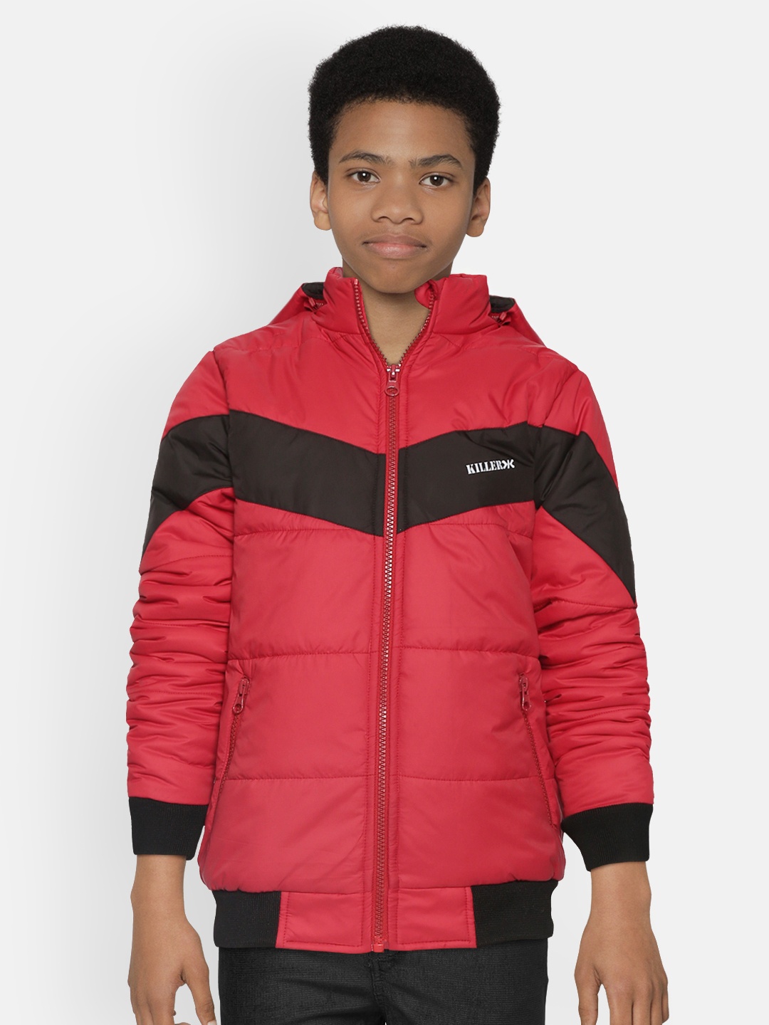 

Killer Boys Red & Black Colourblocked Bomber Jacket with Detachable Hood