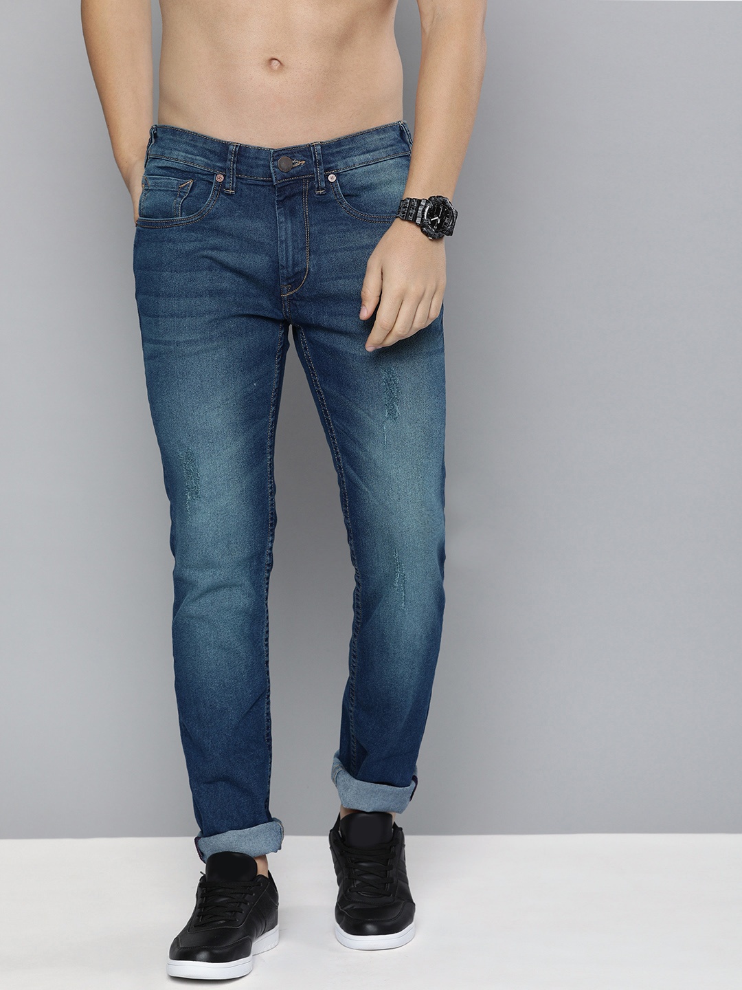 

HERE&NOW Men Blue Slim Fit Mid-Rise Low Distress Stretchable Jeans
