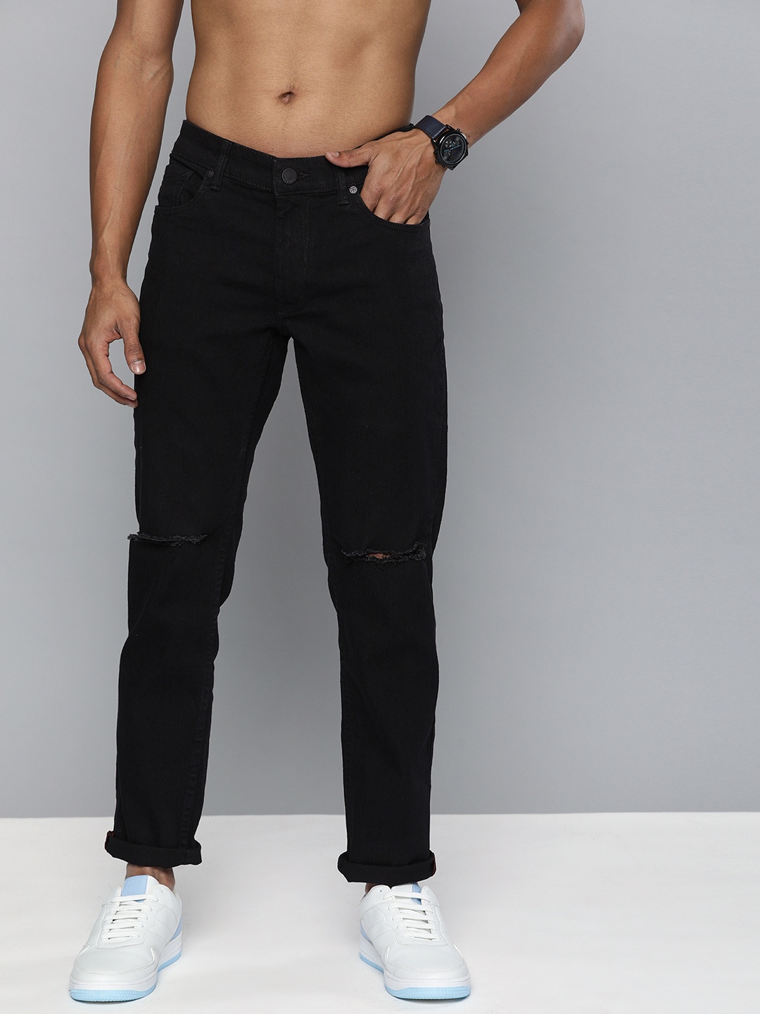 

HERE&NOW Men Black Slim Fit Mid-Rise Slash Knee Stretchable Jeans