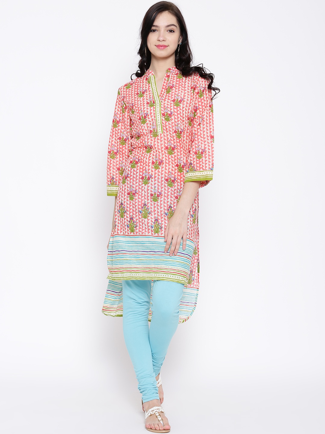 

BIBA Pink & Cream-Coloured Printed High-Low Kurta