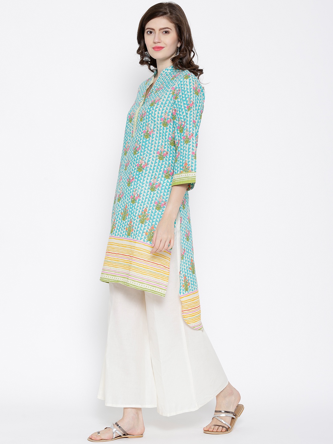 

BIBA Blue & Cream-Coloured Printed High-Low Kurta