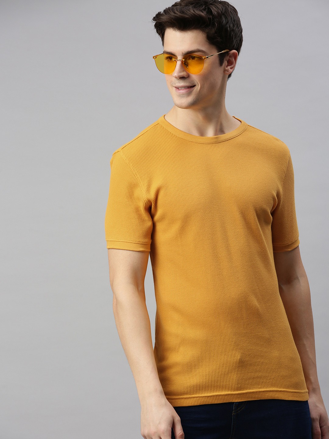 

Mast Harbour Men Mustard Yellow Self Design Round Neck Pure Cotton T-shirt