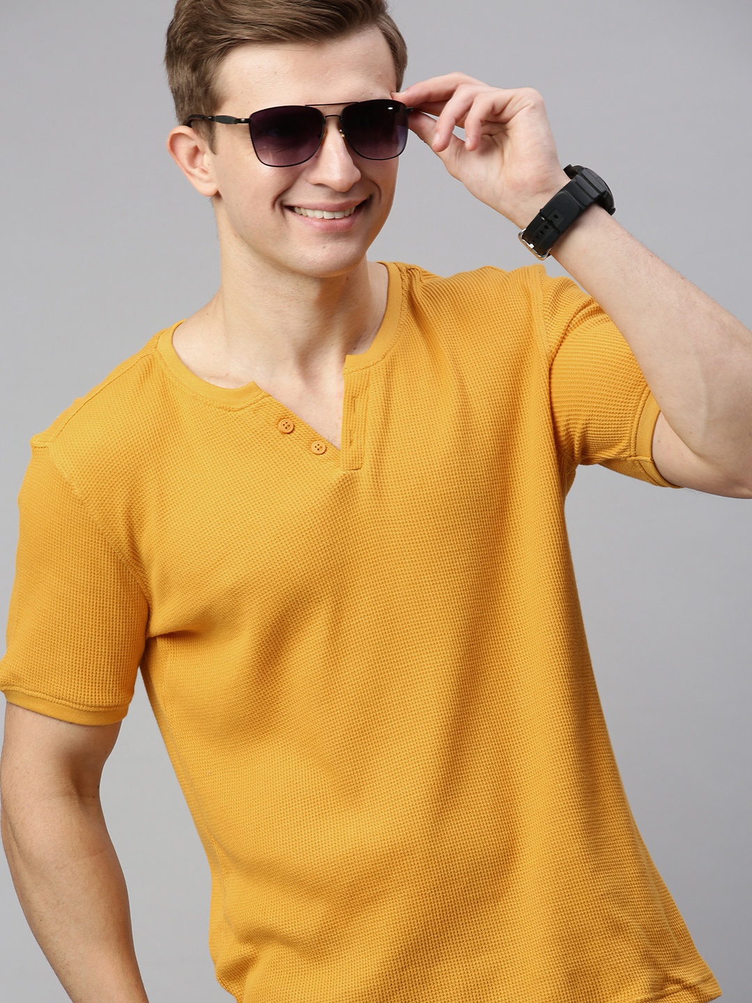 

Mast Harbour Men Mustard Yellow Self Design Henley Neck Pure Cotton T-shirt