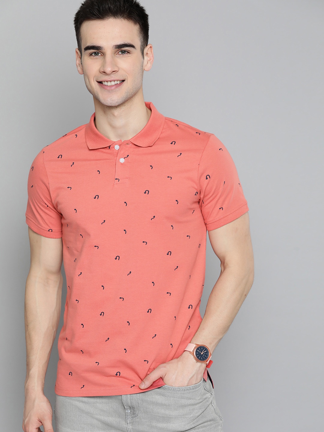 

Mast & Harbour Men Pink & Navy Blue Printed Handcrafted Cotton Polo Collar T-shirt