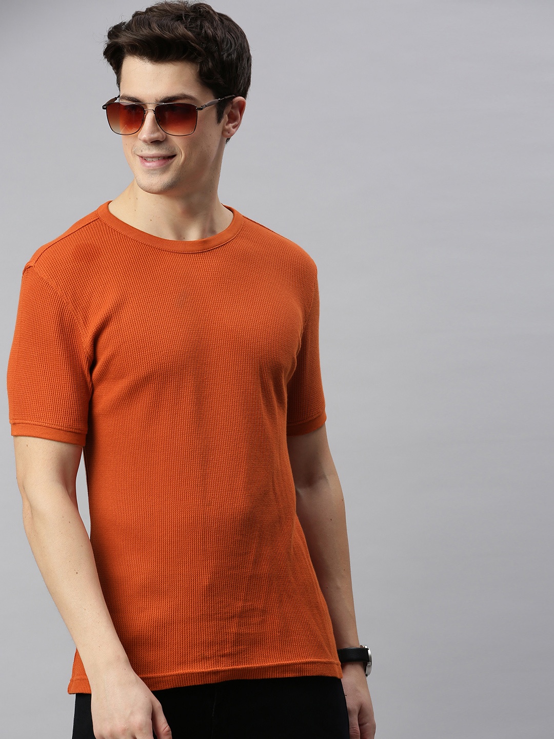 

Mast & Harbour Men Rust Orange Self Design Round Neck T-shirt