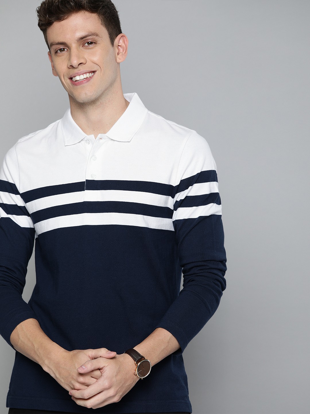 

Mast Harbour Men Navy Blue White Colourblocked Polo Collar Pure Cotton T-shirt