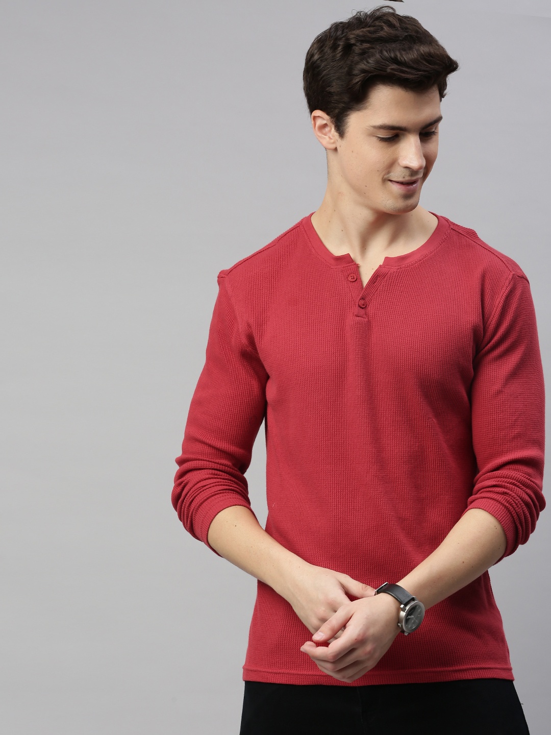 

Mast Harbour Men Maroon Self Design Henley Neck Pure Cotton T-shirt